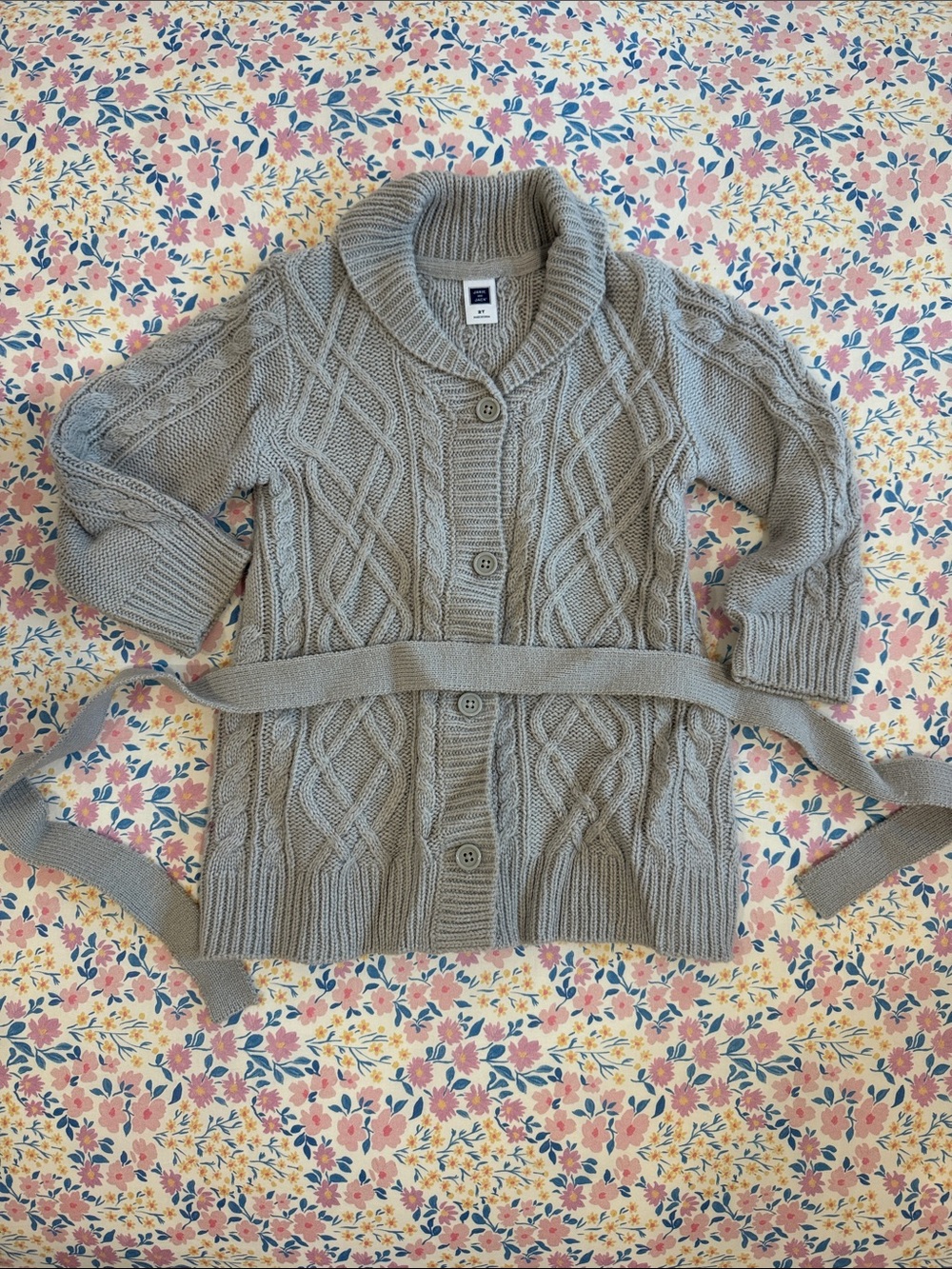 Janie and Jack Light Gray Cable-Knit Shawl-Collar Cardigan with Belt